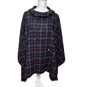 Vintage Harve Benard Hooded Wool Poncho Cape Navy Red Plaid Russia Size‎ S Boho